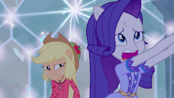 Size: 853x480 | Tagged: safe, screencap, applejack, rarity, equestria girls, g4, my little pony equestria girls: legend of everfree, animated, camp fashion show outfit, female, gif, ponied up