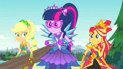 Size: 853x480 | Tagged: safe, screencap, applejack, sci-twi, sunset shimmer, twilight sparkle, equestria girls, g4, my little pony equestria girls: legend of everfree, animated, clothes, crystal guardian, crystal wings, female, gif, ponied up, trio, trio female