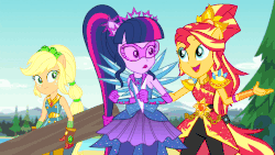 Size: 853x480 | Tagged: safe, screencap, applejack, sci-twi, sunset shimmer, twilight sparkle, equestria girls, g4, my little pony equestria girls: legend of everfree, animated, clothes, crystal guardian, crystal wings, female, gif, ponied up, trio, trio female