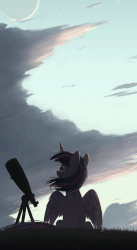 Size: 769x1401 | Tagged: dead source, safe, artist:ncmares, artist:rawrexe, twilight sparkle, alicorn, pony, g4, animated, cinemagraph, cloud, female, gif, silhouette, sky, solo, telescope, twilight sparkle (alicorn)