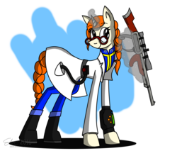 Size: 2100x1791 | Tagged: safe, artist:derpanater, oc, oc only, oc:precision cuts, pony, unicorn, fallout equestria, clothes, commission, cute, doctor, glasses, gun, jumpsuit, lever action rifle, magic, pipbuck, scrubs (gear), simple background, solo, telekinesis, transparent background, vault suit, weapon