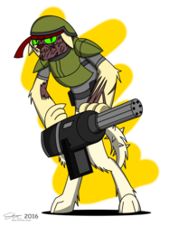 Size: 2000x2667 | Tagged: safe, artist:derpanater, oc, oc only, oc:rex "bad" bruno, diamond dog, hellhound, fallout equestria, armor, bandana, clothes, commission, gun, helmet, high res, looking at you, minigun, scar, simple background, solo, standing, transparent background, weapon
