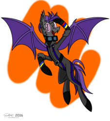 Size: 2100x2319 | Tagged: safe, artist:derpanater, oc, oc only, oc:pyrite, bat pony, ghoul, pony, fallout equestria, canterlot ghoul, clothes, commission, flight suit, flying, glowing eyes, high res, looking at you, simple background, smiling, solo, transparent background
