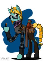Size: 2000x2667 | Tagged: safe, artist:derpanater, oc, oc only, oc:cherry bomb, pony, unicorn, fallout equestria, clothes, commission, glasses, grenades, high res, plaid, pouch, scarf, simple background, smirk, solo, transparent background