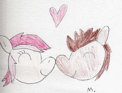 Size: 1267x974 | Tagged: safe, artist:ptitemouette, doctor whooves, roseluck, time turner, pony, g4, boop, cute, heart, male, noseboop, ship:doctorrose, shipping, stallion, straight, traditional art