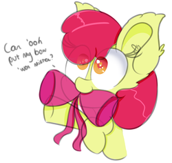 Size: 1002x944 | Tagged: safe, artist:pastelhorses, apple bloom, pony, g4, adorabloom, apple bloom's bow, bow, cute, female, hair bow, implied anon, mouth hold, offscreen character, simple background, solo, weapons-grade cute, white background