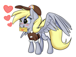 Size: 1024x768 | Tagged: safe, artist:arcuswind, derpy hooves, pegasus, pony, blushing, clothes, female, heart, letter, love letter, mailmare, mare, mouth hold, simple background, solo, spread wings, transparent background, uniform
