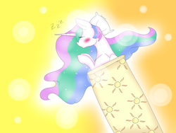 Size: 4000x3000 | Tagged: safe, artist:chrysalisgalaxy19, artist:scenicstar, princess celestia, alicorn, pony, g4, blanket, blushing, collaboration, female, pillow, sleeping, solo, zzz