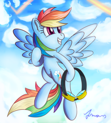 Size: 1500x1650 | Tagged: safe, artist:atmosseven, rainbow dash, g4, backwards cutie mark, cloud, female, flying, goggles, grin, smiling, solo