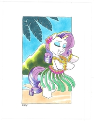 Size: 620x800 | Tagged: safe, artist:tonyfleecs, rarity, pony, g4, beach, bipedal, clothes, dancing, eyes closed, female, flower, flower in hair, grass skirt, hawaii, hawaiian, hawaiian flower in hair, hula, hula dance, hularity, lei, skirt, smiling, solo, traditional art