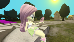 Size: 1920x1080 | Tagged: safe, artist:reshiram95, fluttershy, butterfly, equestria girls, g4, 3d, blender, clothes, day, female, ponyville, scenery, sitting, skirt, smiling, solo, sun, tank top