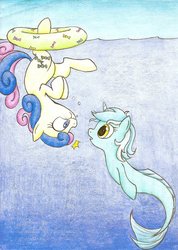 Size: 1024x1437 | Tagged: dead source, safe, artist:islamilenaria, bon bon, lyra heartstrings, sweetie drops, earth pony, merpony, pony, g4, :t, curious, dilated pupils, floaty, inner tube, looking at each other, open mouth, scrunchy face, seapony lyra, shrunken pupils, species swap, surprised, traditional art, underwater, upside down, water, wavy mouth, wide eyes