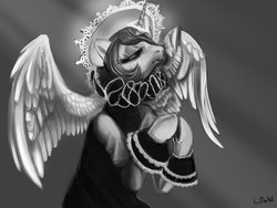 Size: 1500x1125 | Tagged: safe, artist:php154, princess celestia, g4, clothes, eyes closed, female, grayscale, halo, monochrome, praying, ruff (clothing), solo, spread wings, triangle, underhoof