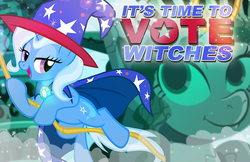 Size: 900x582 | Tagged: safe, artist:pixelkitties, trixie, pony, unicorn, g4, cape, clothes, female, hat, lidded eyes, looking back, open mouth, smiling, solo, statue of liberty, swinging, vote, witch