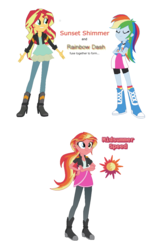 Size: 830x1275 | Tagged: safe, artist:berrypunchrules, rainbow dash, sunset shimmer, oc, oc:midsummer speed, equestria girls, g4, eyes closed, female, fusion, fusion:rainbow dash, fusion:sunset shimmer, fusion:sunsetdash, lesbian, multiple arms, shipping, simple background, smiling, sunsetdash, white background