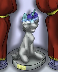 Size: 1028x1280 | Tagged: safe, artist:dombrus, oc, oc only, pony, unicorn, grin, inanimate tf, petrification, smiling, solo, statue, transformation