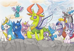 Size: 4665x3265 | Tagged: safe, artist:xeviousgreenii, discord, princess cadance, princess celestia, princess flurry heart, princess luna, queen chrysalis, spike, starlight glimmer, thorax, trixie, twilight sparkle, alicorn, changedling, changeling, pony, unicorn, g4, to where and back again, alicorn pentarchy, behind you, cloud, eyes closed, floppy ears, flying, king thorax, levitation, lidded eyes, looking at you, looking down, magic, mallet, open mouth, raised hoof, sitting, smiling, spread wings, telekinesis, trixie's hat, twilight sparkle (alicorn), twilight sparkle is not amused, unamused