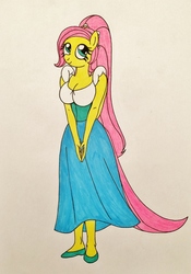 Size: 2094x2986 | Tagged: safe, artist:killerteddybear94, fluttershy, anthro, plantigrade anthro, g4, alternate hairstyle, big breasts, breasts, busty fluttershy, clothes, cosplay, costume, cute, don bluth, dress, female, high res, shoes, solo, thumbelina, thumbelina (1994), traditional art