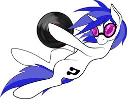 Size: 1008x792 | Tagged: safe, artist:scribblepwn3, artist:tiberiusmoon, dj pon-3, vinyl scratch, pony, unicorn, g4, cutie mark, digital art, female, goggles, hoof hold, hooves, horn, mare, record, simple background, solo, sunglasses, vector, white background