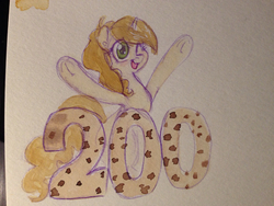 Size: 1136x852 | Tagged: safe, artist:whale, derpibooru exclusive, sweet biscuit, g4, blushing, female, looking at you, numbers, one eye closed, open mouth, smiling, solo, traditional art, underhoof, watercolor painting, wink