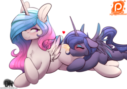 Size: 1830x1278 | Tagged: safe, artist:sugarlesspaints, princess celestia, princess luna, alicorn, pony, g4, :3, blushing, butthug, chest fluff, commission, crossed hooves, cuddling, duo, eyes closed, female, floppy ears, hair over one eye, heart, hug, implied lesbian, implied princest, implied shipping, incest, leg hug, lesbian, lidded eyes, looking back, mare, patreon, patreon logo, praise the sun, prone, royal sisters, ship:princest, shipping, simple background, smiling, snuggling, spread wings, white background
