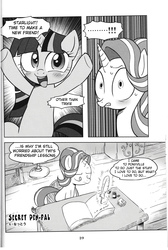 Size: 4064x6041 | Tagged: safe, artist:k-nattoh, starlight glimmer, twilight sparkle, alicorn, pony, g4, absurd resolution, blushing, book, bust, comic, dialogue, exclamation point, grayscale, ink, levitation, looking at you, looking down, magic, manga, monochrome, open mouth, pen pal, portrait, quill, telekinesis, translation, twilight sparkle (alicorn), underhoof, wide eyes