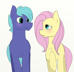 Size: 698x681 | Tagged: safe, artist:amber flicker, derpibooru exclusive, fluttershy, oc, oc:lightning bolt, g4, blushing, canon x oc, flutterbolt, looking at each other, raised hoof, shipping, simple background, smiling
