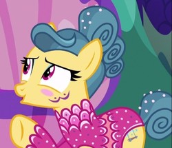 Size: 541x465 | Tagged: safe, screencap, trapeze star, pony, g4, my little pony: friendship is magic, viva las pegasus, blushing, cropped, female, leotard, solo