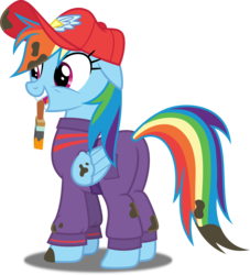 Size: 4542x5000 | Tagged: safe, artist:dashiesparkle, rainbow dash, pegasus, pony, g4, the cart before the ponies, .svg available, absurd resolution, butt, cap, coveralls, dirty, female, grease, grin, hat, mechanic, mechanic coveralls, mouth hold, paintbrush, plot, rainbutt dash, shadow, simple background, smiling, solo, transparent background, vector