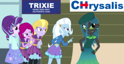 Size: 1374x712 | Tagged: safe, artist:themexicanpunisher, fuchsia blush, lavender lace, queen chrysalis, starlight glimmer, trixie, equestria girls, g4, 2016 us presidential election, angry, equestria girls-ified, female, frown, hand on hip, looking away, open mouth, trixie and the illusions, younger