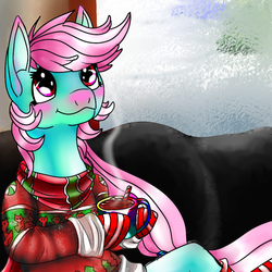 Size: 1024x1024 | Tagged: safe, artist:brainiac, minty, earth pony, pony, g3, blushing, bust, chocolate, christmas, clothes, cold, couch, cute, female, food, g3betes, hot chocolate, mare, mintabetes, mug, scarf, snow, socks, ugly christmas sweater
