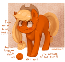 Size: 1024x980 | Tagged: safe, artist:kyaokay, applejack, earth pony, pony, g4, :t, angry, applejack is not amused, blushing, chest fluff, dialogue, dishonorapple, dissatisfied, female, fluffy, food, frown, missing cutie mark, nose wrinkle, orange, solo, unamused