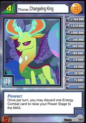 Size: 472x677 | Tagged: safe, edit, edited screencap, screencap, thorax, changedling, changeling, g4, to where and back again, angry, card, cropped, dragon ball, dragon ball z, dragon ball z collectable card game, glowing antlers, glowing horn, horn, king thorax, magic, personality card