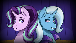 Size: 3840x2160 | Tagged: safe, artist:ciderpunk, derpibooru exclusive, starlight glimmer, trixie, pony, unicorn, g4, bust, high res, lidded eyes, looking at you, portrait, smiling