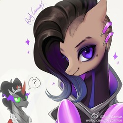 Size: 1500x1500 | Tagged: safe, artist:rocy canvas, king sombra, pony, g4, bust, crossover, floppy ears, lidded eyes, looking at you, namesake, overwatch, ponified, portrait, question mark, simple background, smiling, sombra (overwatch), sparkles, white background