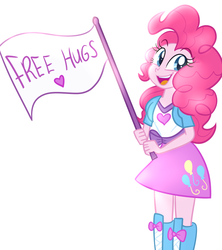 Size: 744x838 | Tagged: dead source, safe, artist:wubcakeva, pinkie pie, equestria girls, g4, balloon, boots, clothes, cute, diapinkes, female, flag, free hugs, happy, heart, high heel boots, holding, open mouth, sign, simple background, skirt, smiling, solo, white background