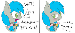 Size: 1855x830 | Tagged: safe, artist:laptopbrony, oc, oc only, oc:darcy sinclair, bell, bell collar, blushing, collar, cute, dialogue