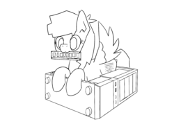 Size: 1558x1116 | Tagged: safe, artist:capital-asterisk, oc, oc only, oc:semantic airor, pegasus, pony, :3, brainfuck (language), computer, incomplete, leaning, lineart, monochrome, mouth hold, nom, over complex cutie mark, random access memory, smiling, solo