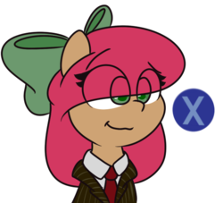 Size: 550x500 | Tagged: safe, artist:lockheart, derpibooru exclusive, oc, oc only, oc:cherry sweetheart, earth pony, pony, bow, bust, clothes, doubt, hair bow, l.a. noire, meme, necktie, portrait, press x to doubt, reaction image, simple background, smiling, solo, suit, transparent background