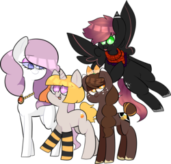 Size: 1549x1488 | Tagged: safe, artist:pondee, oc, oc only, oc:candycorn, oc:lillium, oc:peachfritter, oc:starsweeper, earth pony, pegasus, pony, unicorn, clothes, simple background, socks, striped socks, transparent background