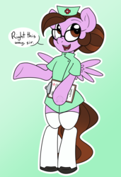 Size: 910x1334 | Tagged: safe, artist:dativyrose, oc, oc only, oc:ivy rose, pony, bipedal, clipboard, clothes, costume, dress, glasses, hair bun, hat, nurse, nurse outfit, socks, solo, stockings, thigh highs