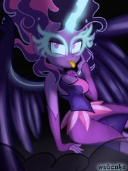 Size: 1024x1365 | Tagged: dead source, safe, artist:wubcakeva, sci-twi, twilight sparkle, equestria girls, g4, my little pony equestria girls: friendship games, bare shoulders, clothes, female, midnight sparkle, mocking, sitting, sleeveless, solo, strapless, tongue out