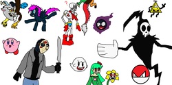 Size: 2148x1064 | Tagged: safe, artist:brony96, discord, oc, oc:loony sketch, oc:vanna melon, gastly, pony, puffball, voltorb, g4, bill cipher, boo, doodle dump, doodles, flowey, friday the 13th, gravity falls, jason voorhees, kirby, kirby (series), lord death, male, papyrus (undertale), pokémon, soul eater, super mario bros., undertale, vannamelon