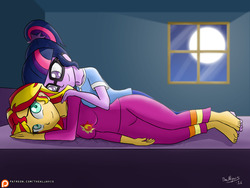 Size: 1280x960 | Tagged: safe, artist:thealjavis, sci-twi, sunset shimmer, twilight sparkle, equestria girls, g4, barefoot, bed, clothes, colored pupils, duo, feet, female, glasses, lesbian, pajamas, ship:sci-twishimmer, ship:sunsetsparkle, shipping, smiling