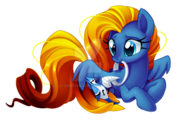 Size: 1024x700 | Tagged: safe, artist:centchi, oc, oc only, bird, blue jay, pegasus, pony, bandage, mouth hold, prone, simple background, transparent background, watermark