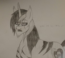 Size: 2378x2102 | Tagged: safe, artist:teardrop, oc, oc only, oc:issac negrioxis, pony, unicorn, double tongue, high res, male, monochrome, open mouth, solo, stallion, stripes, traditional art