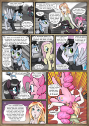 Size: 1363x1920 | Tagged: safe, artist:pencils, fluttershy, maud pie, pinkie pie, oc, oc:mascara maroon, oc:moonglow twinkle, oc:sky shatter, earth pony, pegasus, pony, satyr, unicorn, comic:anon's pie adventure, g4, bag, clothes, comic, dialogue, dress, female, fence, flying, glasses, grass, hat, ipotane, lidded eyes, male, mare, mouth hold, open mouth, piggyback ride, police, prank, sheriff, shirt, speech bubble, stallion, tail bow, unamused, uniform