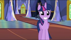 Size: 960x544 | Tagged: safe, screencap, twilight sparkle, alicorn, changeling, pony, to where and back again, big smile, disguise, disguised changeling, fake twilight, female, hallway, mare, solo, twilight sparkle (alicorn)