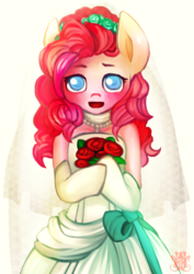Size: 2893x4092 | Tagged: safe, artist:monochromacat, part of a set, pinkie pie, earth pony, semi-anthro, g4, bare shoulders, beautiful, bipedal, clothes, colored pupils, cute, diapinkes, dress, female, flower, looking at you, monochromacat's wedding series, open mouth, part of a series, simple background, smiling, solo, wedding dress, white background