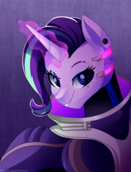 Size: 799x1050 | Tagged: safe, artist:hikariviny, starlight glimmer, pony, unicorn, g4, crossover, female, lidded eyes, looking at you, magic, mare, overwatch, smiling, solo, sombra (overwatch), sombra glimmer